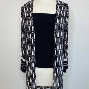 Joseph Ribkoff Jacket Coat Duster 203291 NWT 8 Black Ivory Beige Geometric Deco